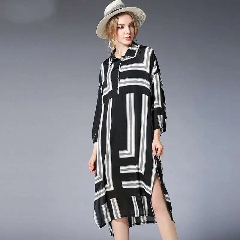 

Contrast Geometry Shirt Dress Plus Size Women Long Sleeve Printed Long Oversize Dresses Pattern XL to 3xl 4xl