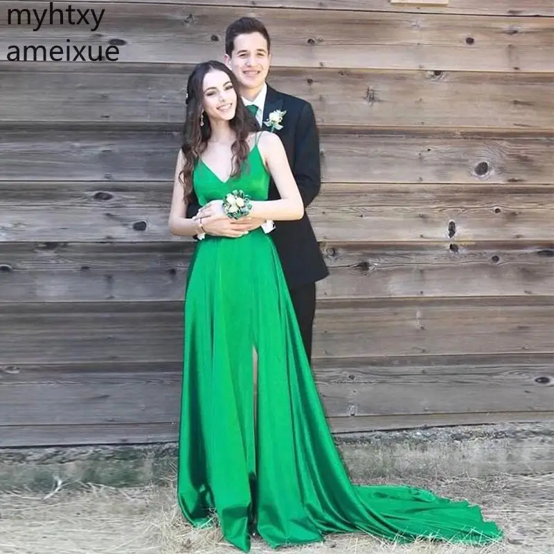 

Sexy Forest Green Evening Dress V-neck Sleeveless Long Prom Dresses 2020 Spaghetti Straps Front Split Women Formal Hi Low Dress