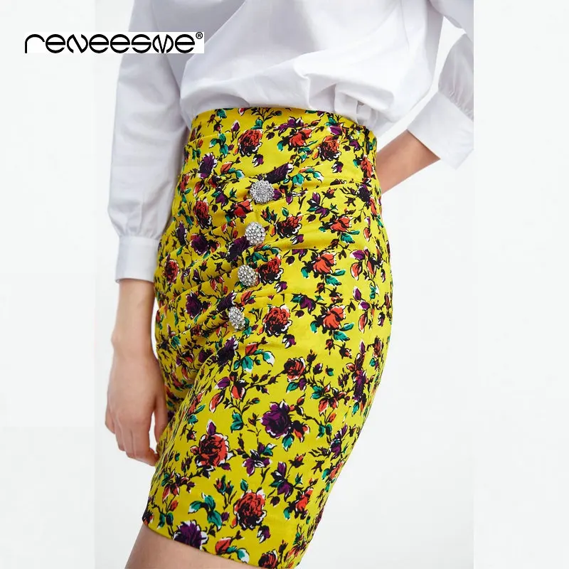 

2019 summer women stylish yellow floral print pleated mini skirt dimond buttons decorate side zipper design female A line skirts