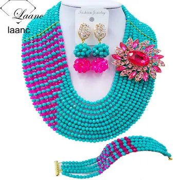 

Laanc Aqua Blue Fuchsia Pink African Wedding Beads Nigerian Jewelry Set for Women Free Shipping C10JK015