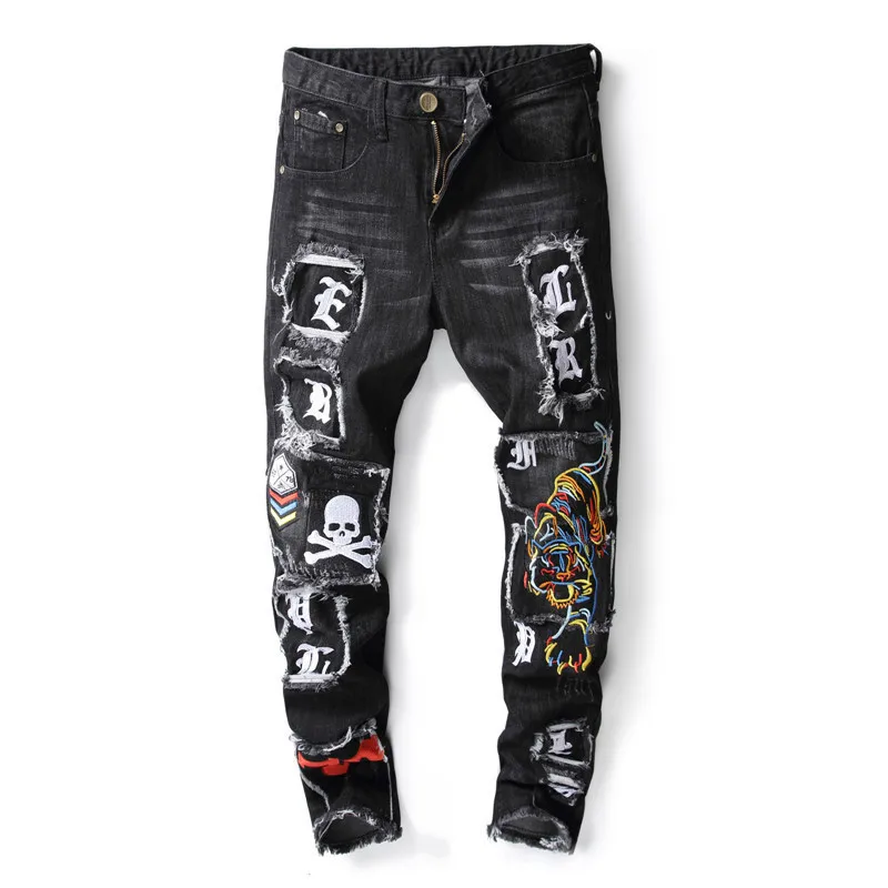 

Newsosoo New Fashion Mens Hi Street Ripped Jeans Pants Washed Distressed Denim Trousers For Man With Tiger And Skull Embroidery