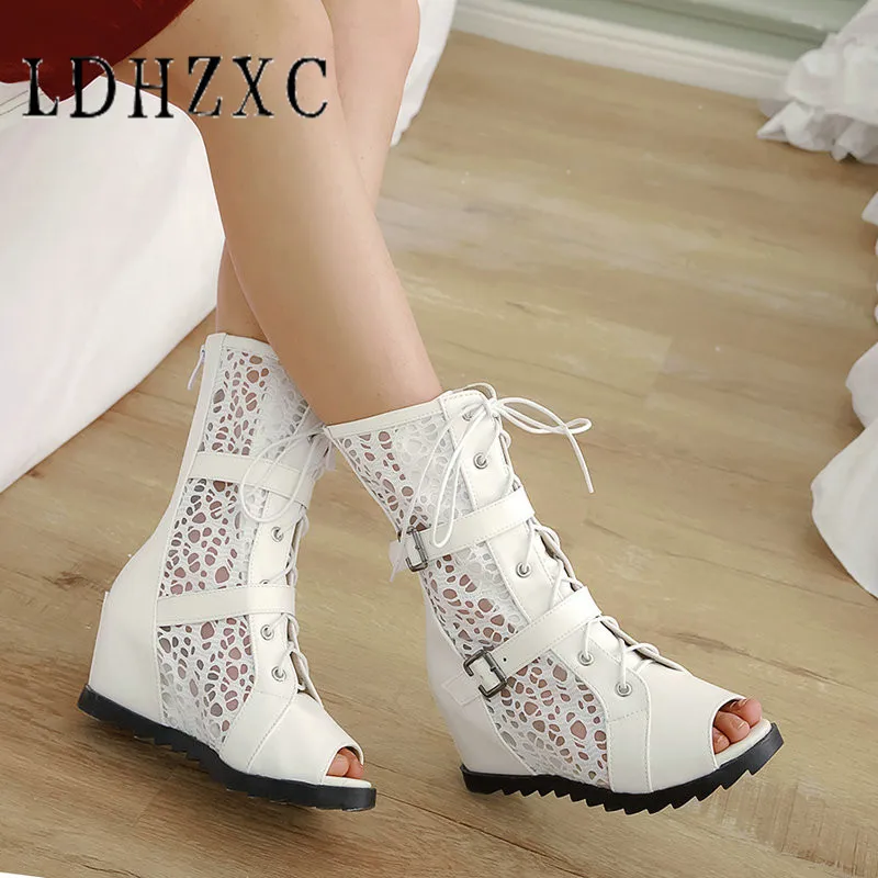 

LDHZXC Size 34-43 Sexy Women Lace Platform Summer Boot Flower Hallow Out Wedges Summer Boots Party Club Women Wedges Shoes