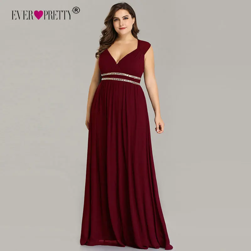 Billige Immer Ziemlich Plus Größe Prom Kleider Lange 2020 A linie Chiffon V ausschnitt Ärmel Günstige Backless Elegante Burgund Sexy Party Kleider