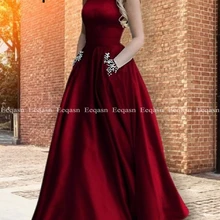 Бордовые платья для выпускного вечера с карманами трапециевидной формы, атласные элегантные Бордовые женские длинные вечерние платья для особых случаев
