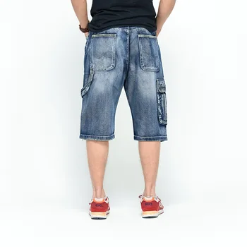 

Plus Size 40 42 44 46 Men Hip Hop Cargo Shorts Denim Knee Length Loose Baggy Jeans Shorts With Multi Pockets