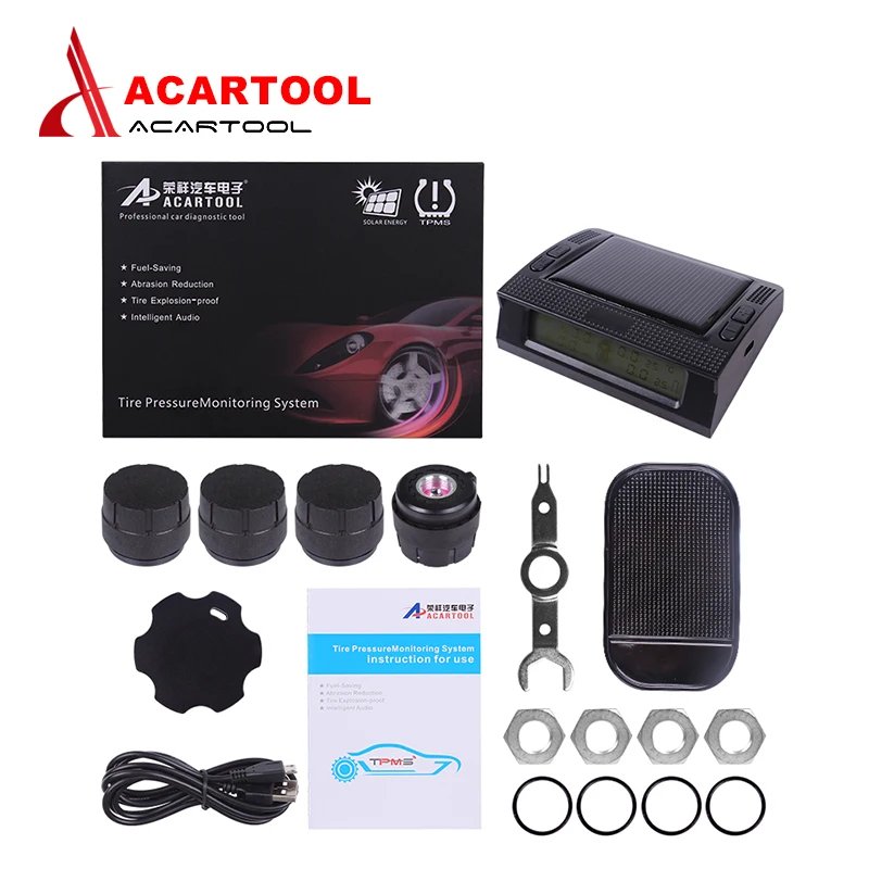 Acartool TPMS ЖК-дисплей Автомобильная беспроводная система контроля давления в шинах 4 датчика Встроенная солнечная батарея