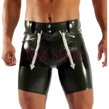 

Men 's sexy fetish latex short trousers with zips in army green