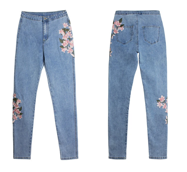 Europe and the United States 2018 spring new fashion embroidery Slim jeans female high waist thin hip embroidered pants (9)