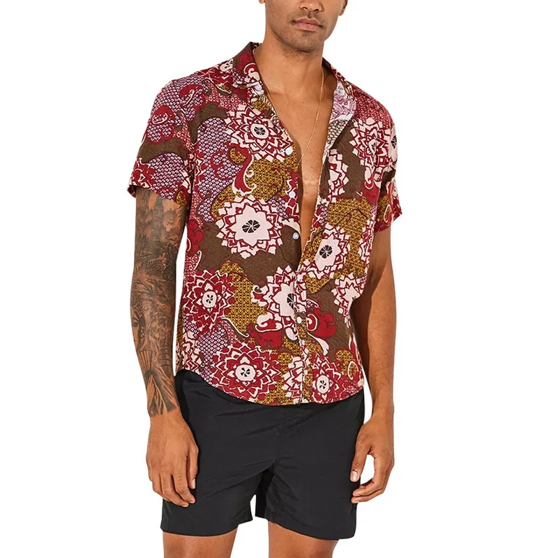 MJARTORIA Men's Retro Beach Shirt Fashion Floral Print Short Sleeve Casual Button Down Ethnic Style Shirt - Цвет: 3