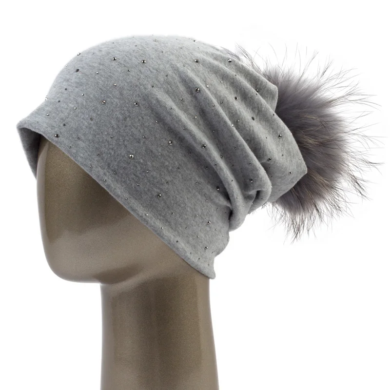 Light Grey B Geebro женские Стразы громоздкая шапочка с помпоном шляпа для женщин Простые цветные шапки женский помпон из меха енота череп - Цвет: Light Grey B