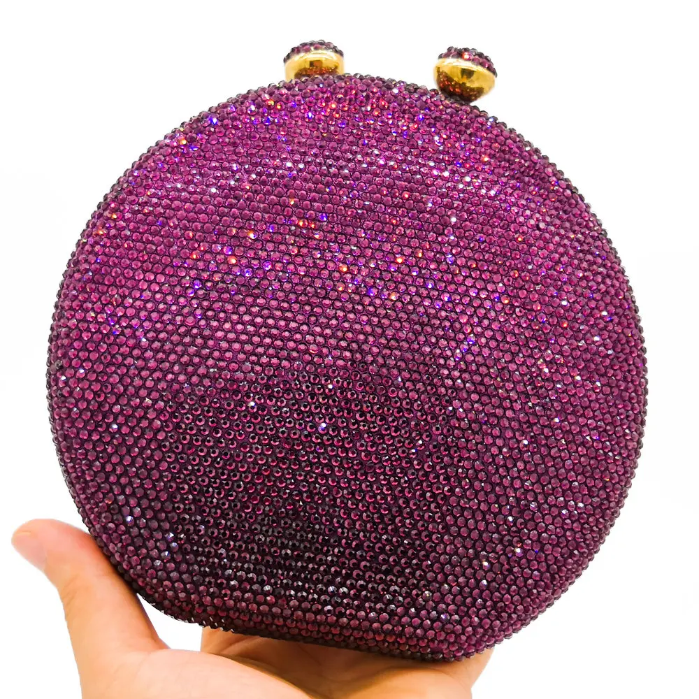 Double Flower Kiss Clasp Round Circular Women Purple Crystal Clutch Evening Handbags Hard Case Wedding Cocktail Diamond Bag
