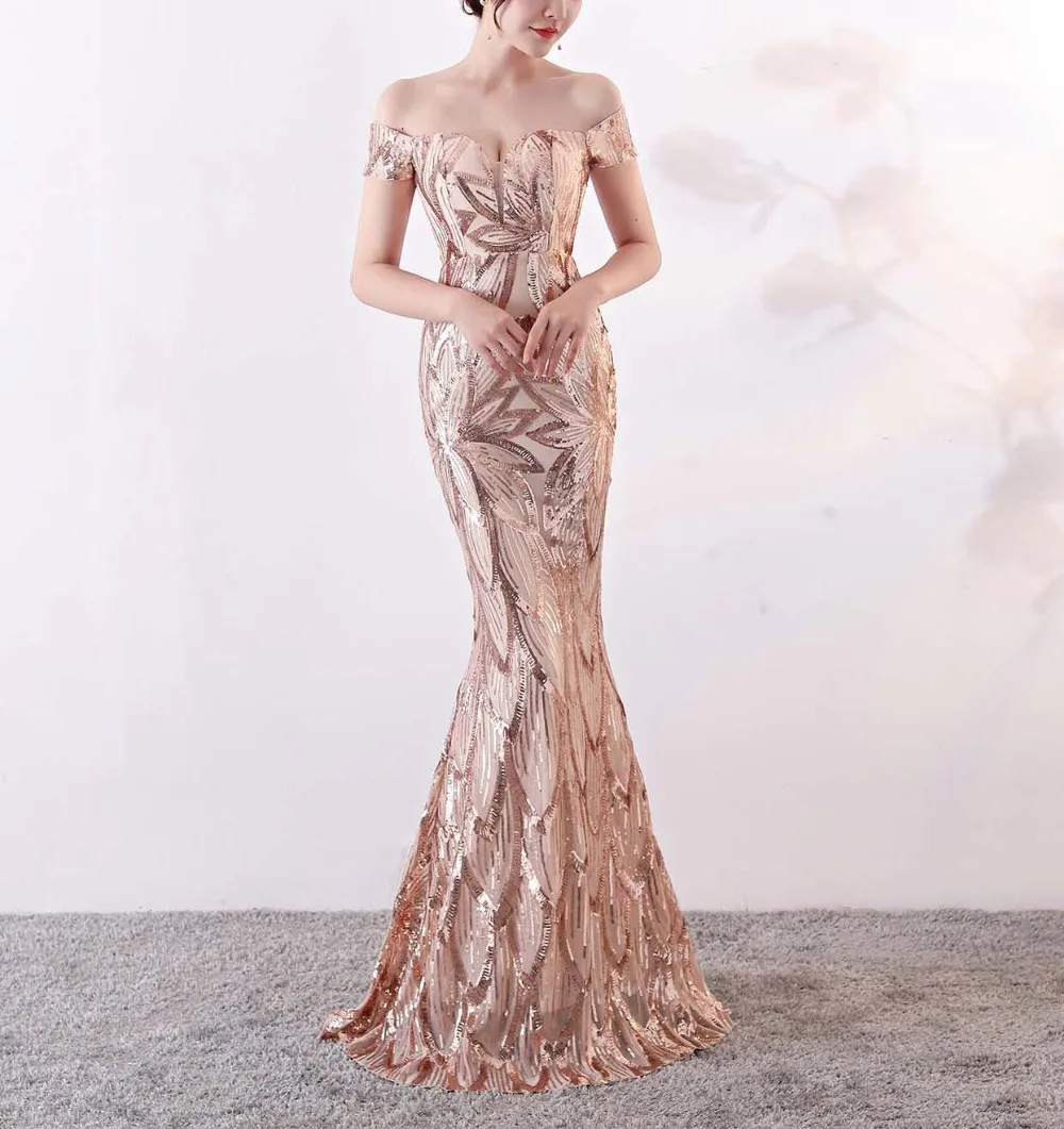 

Woman Sexy Sweetheart off-shoulder spandex Sequined Mermaid Evening Dress Long Train Elegant Bridal Gown 2019