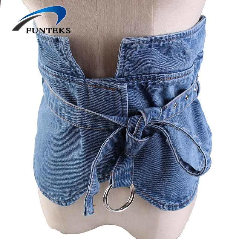 FUNTEKS Vintage Wide Waistband Fashion Denim Belts for Women Adjustable