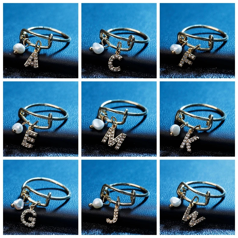 

2019 Initial Letter A-Z Finger Ring Personalized Pearl White Cubic Zirconia 26 Alphabet Rings for Women Girls Wedding Gold Ring