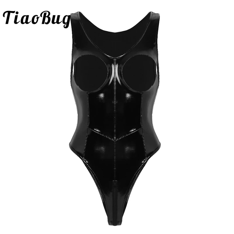 

TiaoBug Women Wetlook Faux Leather Porno Lingerie Sleeveless Open Bust Zipper Crotchless Bodysuit Teddy Sexy Fetish Bodystocking
