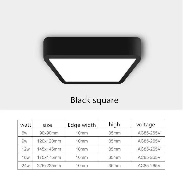 1 шт. черный светодиодный панельный светильник 6 Вт 9 Вт 12 Вт 18 Вт 24 Вт поверхностный монтаж светодиодный потолочный светильник s AC85-265V круглый Квадратный светодиодный светильник