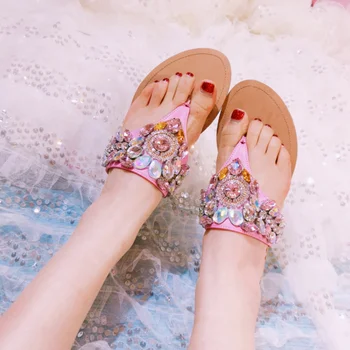 

JELLYFOND Luxury Crystal Flip Flop Women Sandals Flat Casual Leather Slippers for Women 2019 Bling Rhinestone Slides Beach Shoes