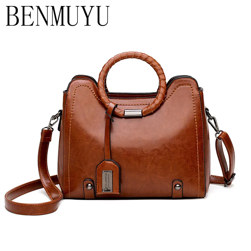 

BENMUYU,leather handbags,New autumn/winter 2018 women's oil and wax leather handbag woven round handle 3 color shoulder bags