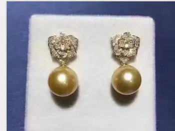 

charming AAA round 10-11mm south sea gold dangle pearl earring 14k