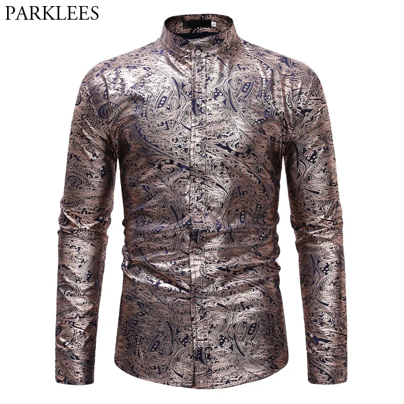 Gold Paisley Floral Foil Print Dress Shirt Men Slim Fit Long Sleeve