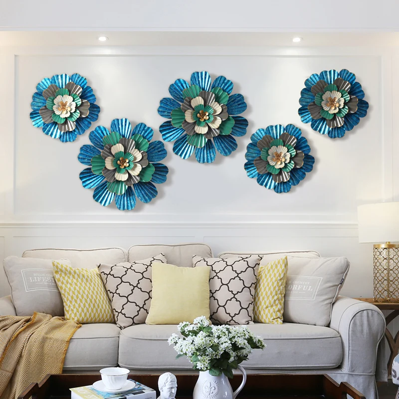 

European Wrought Iron Blue 3D Flower Wall Hanging Decoration Home Livingroom Wall Mural Ornaments Restaurant Wall Sticker Crafts