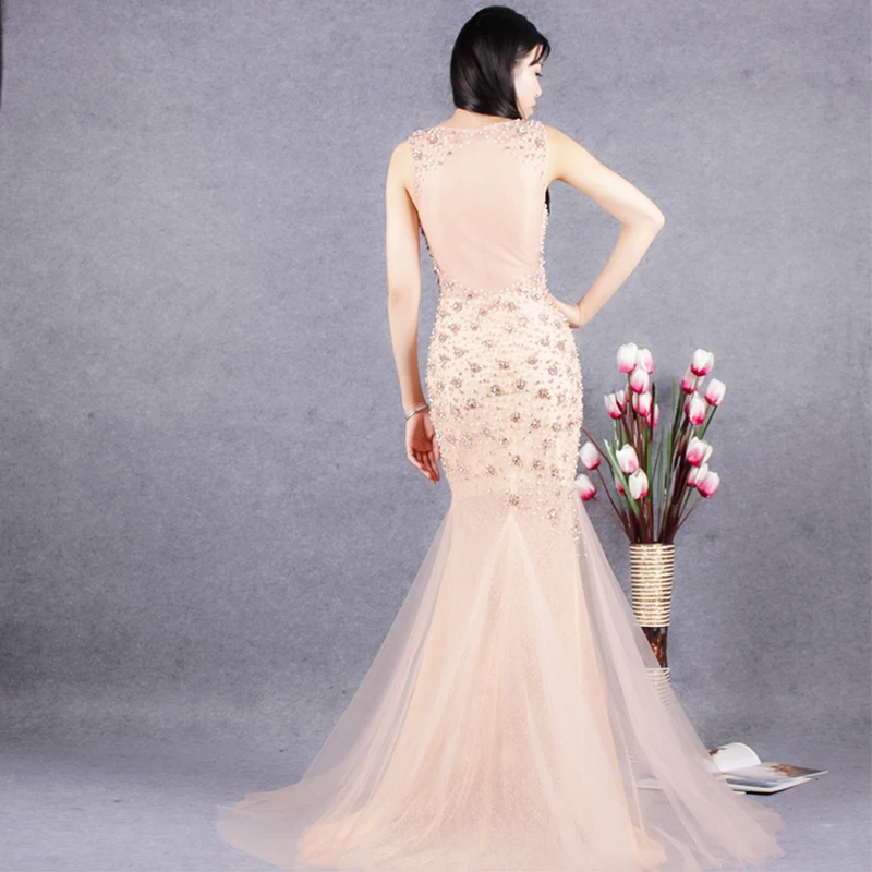 JANCEMBER Роскошные vestido longo festa с кристаллами и жемчугом без рукавов круглым вырезом