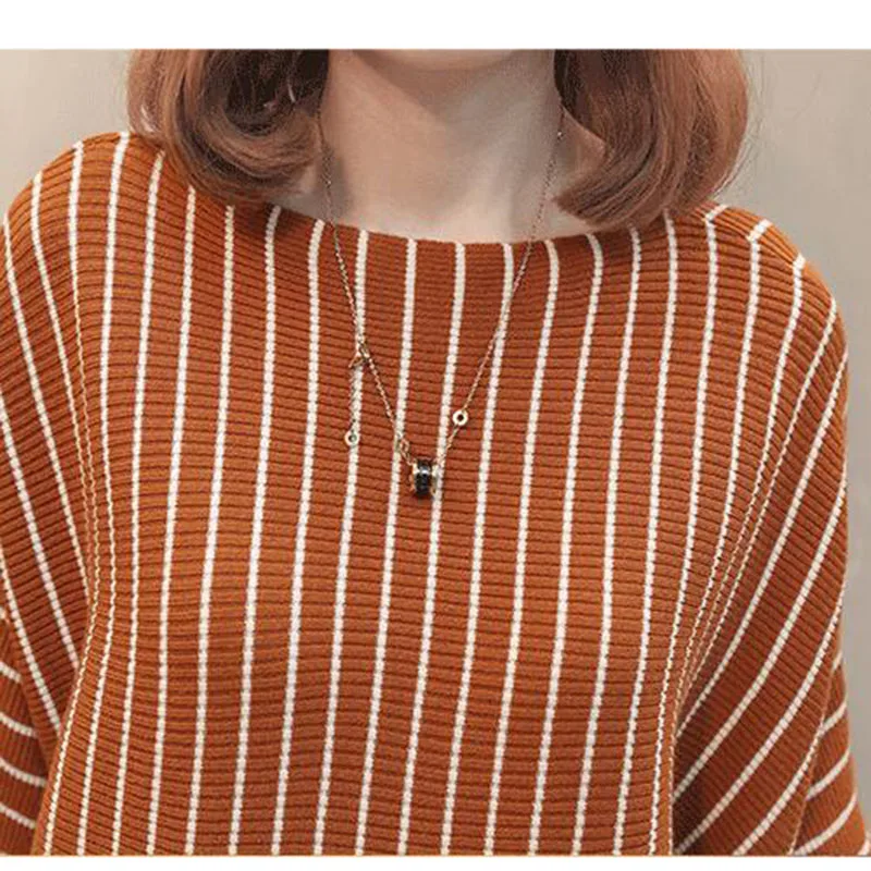 2018 Autumn Sweater Women Pullover Knitted Striped Batwing Fashion Loose Pullovers Knitwear Black Ladies Fall Sweaters Ladies
