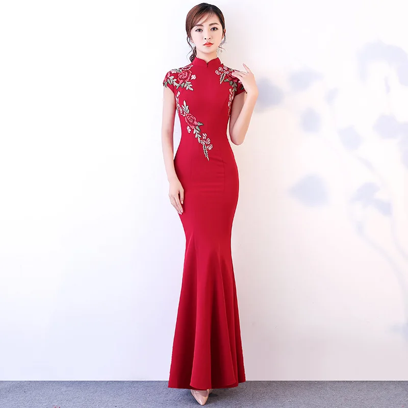 Большие размеры 3XL 4XL китайский стиль Русалка Cheongsam атласный элегантный мандатин воротник Qipao длинные сексуальные свадебные платья для