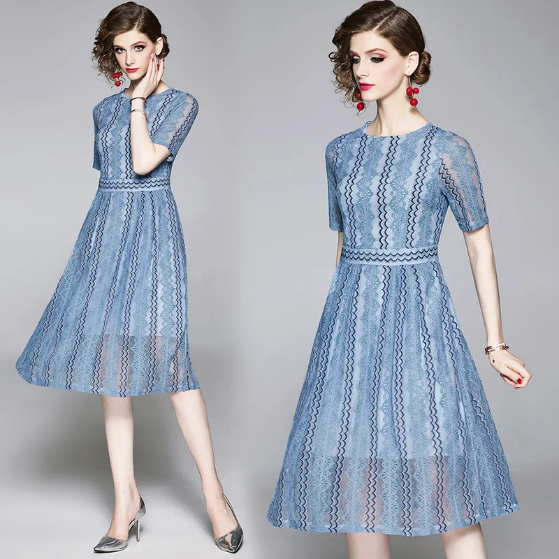 

Women Summer Mid Dress 2019 Lace Hollow Out Elegant Blue A-line O-neck Solid Dresses High Quality Vestidos de verano robe