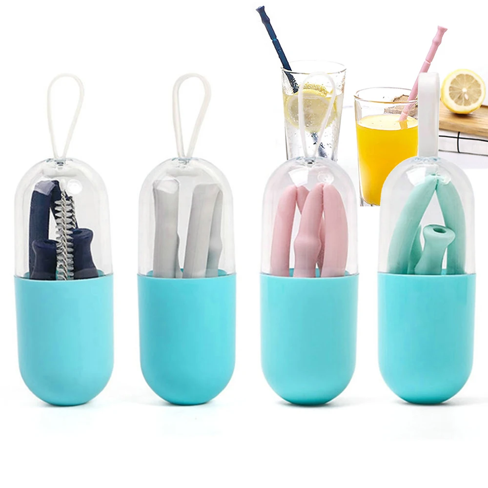 

Folding Silicone Straw Reusable Collapsible Drinking Straw with Carrying Case and Cleaning Brush for Travel Home Bar Accessories