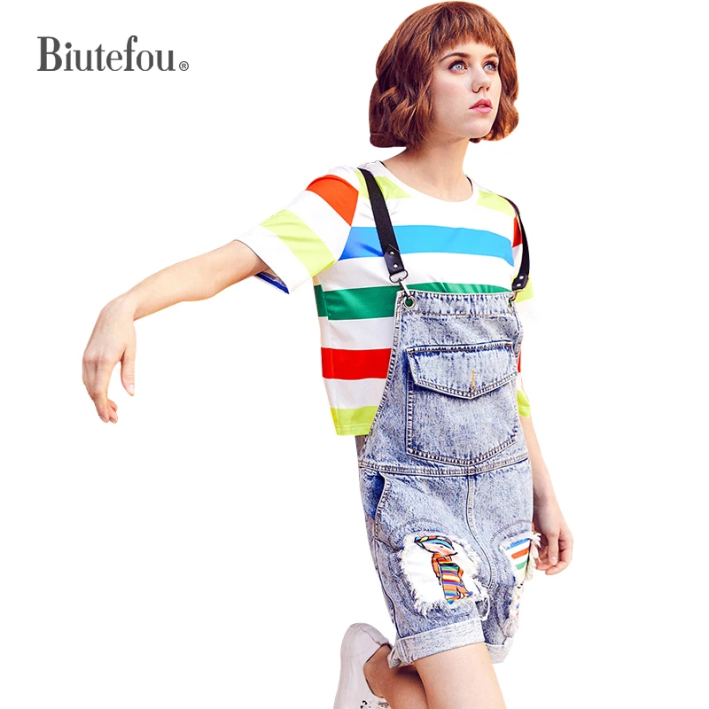 

2019 [Biutefou] summer fashion denim cartoon patch designs Playsuits women suspender Playsuits