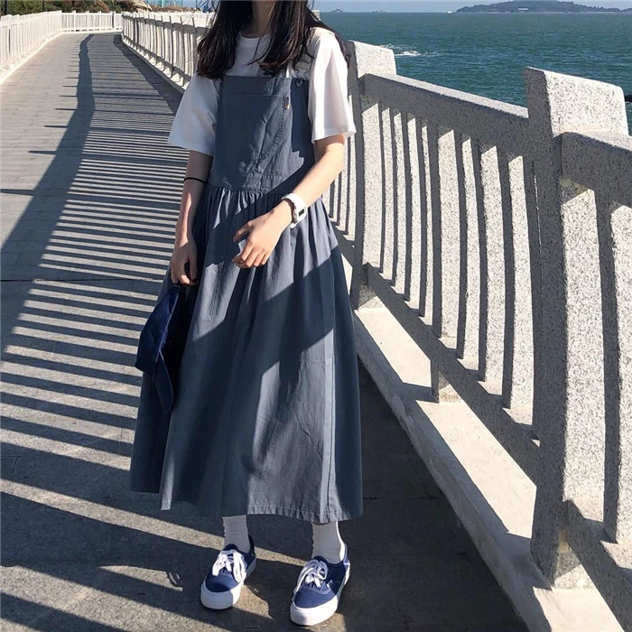 

2019 dresses loose pure color pocket tooling long dress of tall waist braces