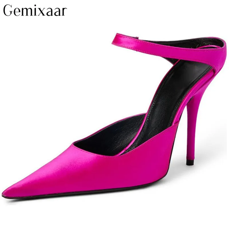 

Summer OL Satin Rose Black Color Narrow Ankle Strap Women Shoes Point Toe Slim Shallow Sandalias Sexy Thin High Heels Sandals