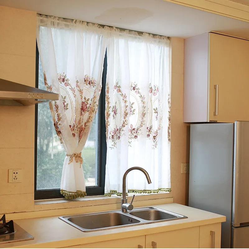 

Free Shipping high quality tube Embroidery Rose Curtain Double Layer Lace Coffee Curtain Kitchen Short Curtain Small Curtain