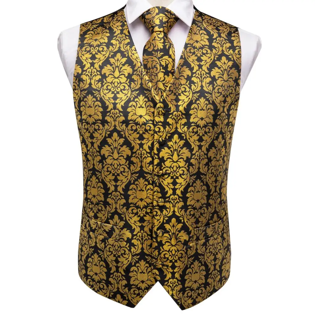 Мужской деловой жилет, Шелковый классический свадебный галстук, жилет, карманный квадратный костюм, набор золотых жилетов для мужчин, Hi-Tie MJTZ-0008