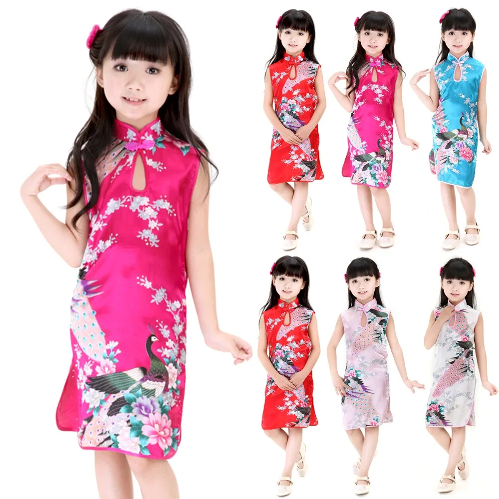 skirt for baby girl hot sale 2Y-8Y Baby Girl Dress Peacock Sleeveless Slim Traditional Dress Cheongsam Child Girls Clothes Chinese Style Qipao baby dresses for wedding