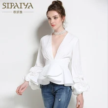 SIPAIYA 2017 New Fashion Sexy Deep V neck Lantern Sleeve OL Blouse Womens Shirt Tops Summer Blusas