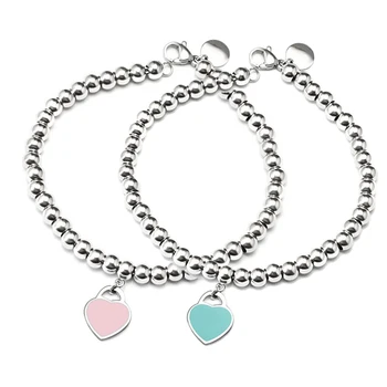 

Blue Heart Beads Bracelet & Bangle Stainless Steel Pink&Red Pendant Charm Brand Tif Design Women Elegant Jewelry Gift Bracciali