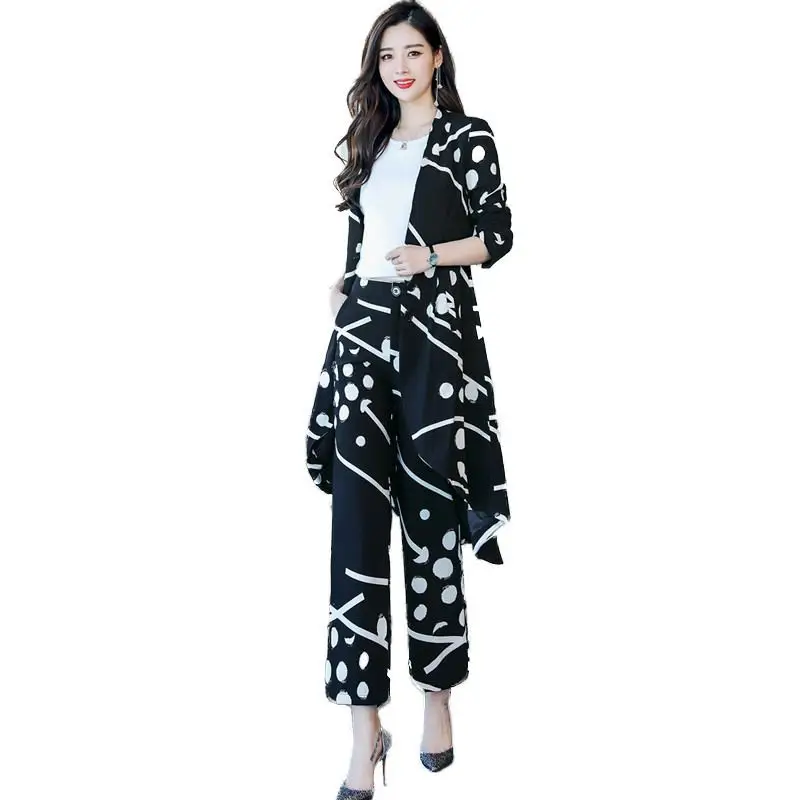 

Spring Women Fashion Casual Sets Female Long Sleeve Coat And Trousers Outfits Suits Ladies Floral Print Slim Two Pieces Set F37
