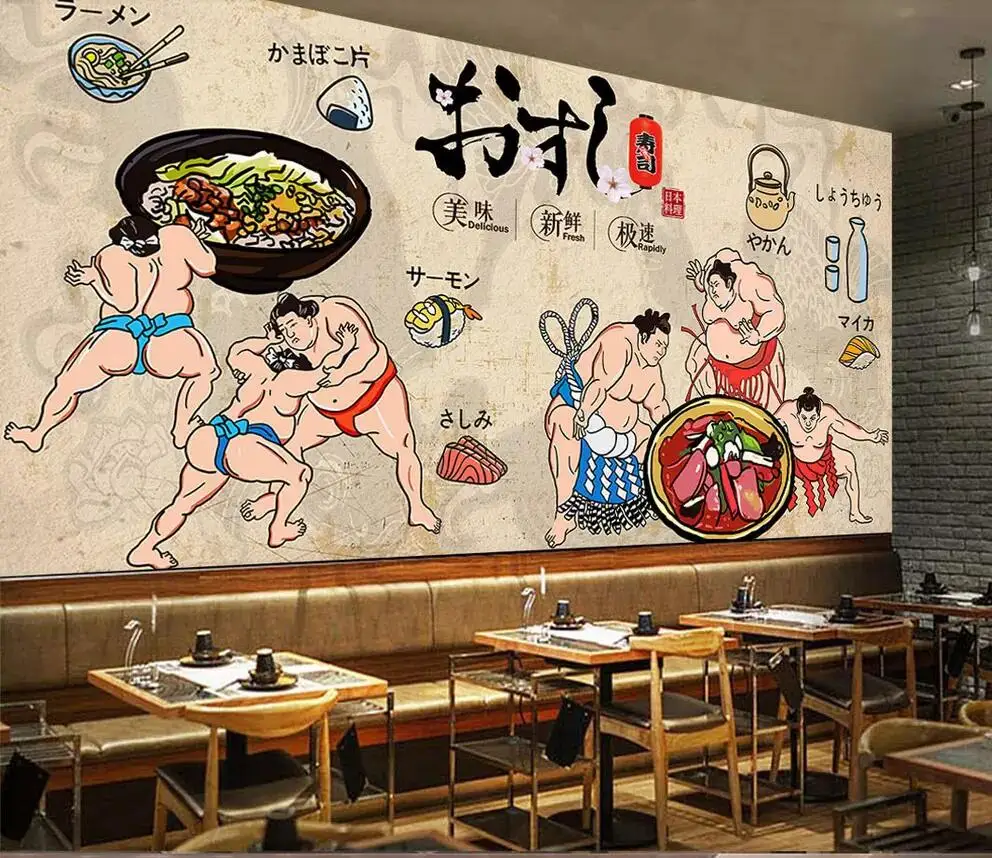 

Retro hand-painted sumo samurai Japanese restaurant mural background wall
