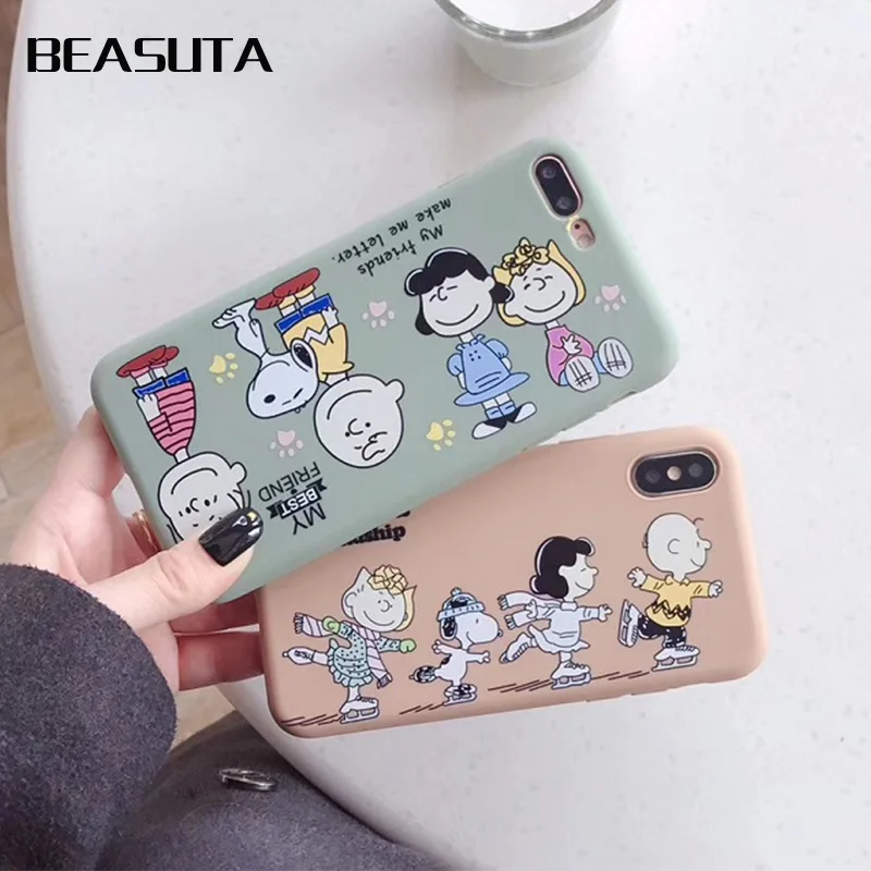 

Cartoon Snoopys Dog matte Couple case for iPhone XS MAX XR X 7plus 6 6s 7 8 Plus and Charlie Brown green soft cover funda