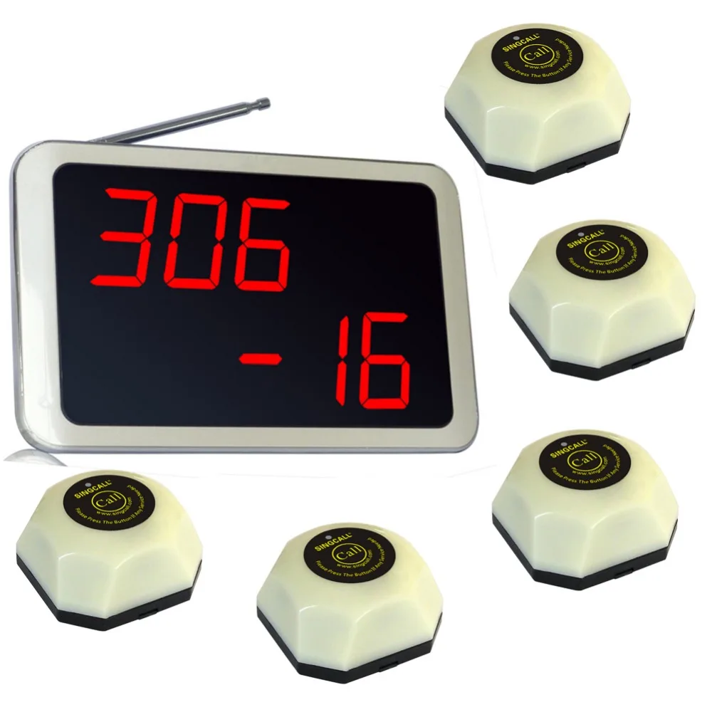 

Singcall. Wireless Server Paging System,for hotel, 5 white single button pagers and 1 receiver