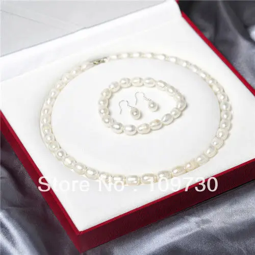 

free shipping Jewelry 00384 8-9mm Grain shape natural pearl necklace set bracelets earrings can choose