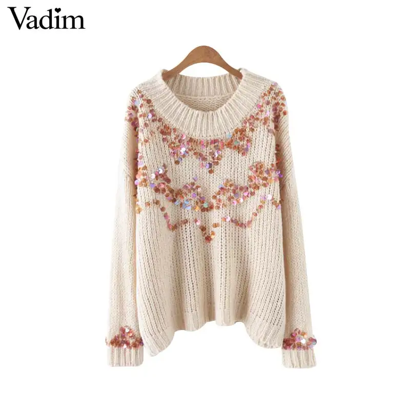Vadim shiny sequined loose knitted sweater beading patchwork long sleeve o neck stretchy pullovers casual sweet tops HA226 | Женская
