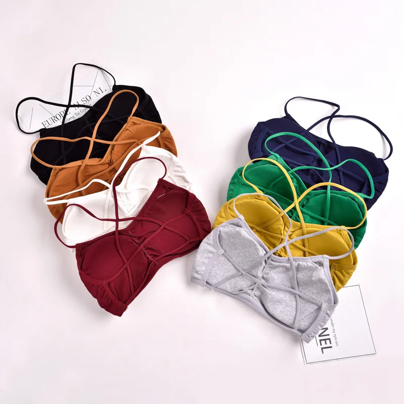 

Pretty Cross Back fine Shoulder Strap Wrapped Chest Women Multi color Padded bra Sexy Tube Tops Harness Crossed Seamless Casual