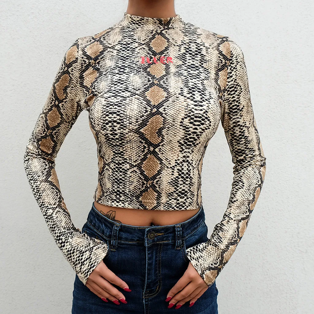 Womail Long Sleeve Turtleneck Sexy Snack Printed Fashion Polyester Material Letter Printed T-Shirt  Women 19APR03