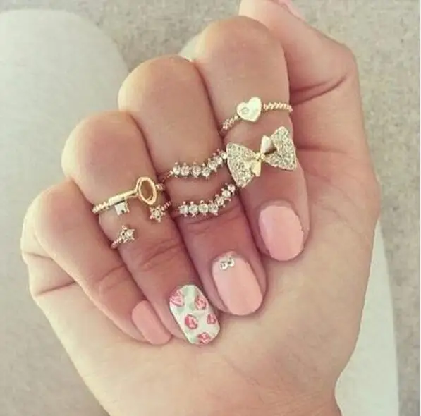 

Fashion 6pcs/set Finger Rings Set Heart Bowknot Mid Knuckle New Gold Silver Rhinestone Ring For Female Women fine Jewelry