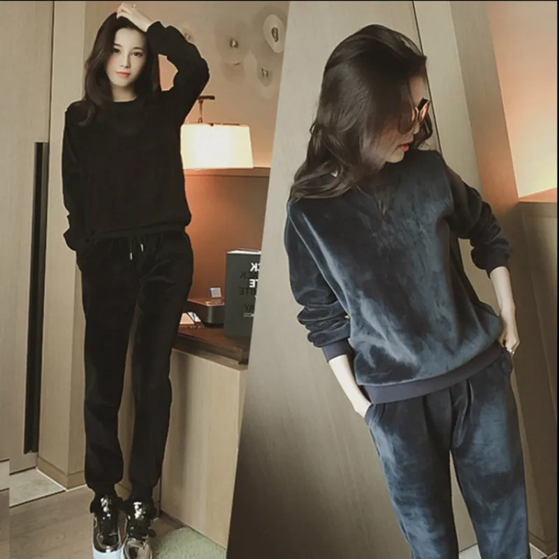 

Suit female autumn and winter fashion gold velvet casual suit women was thin sweater two-piece suit leisure package