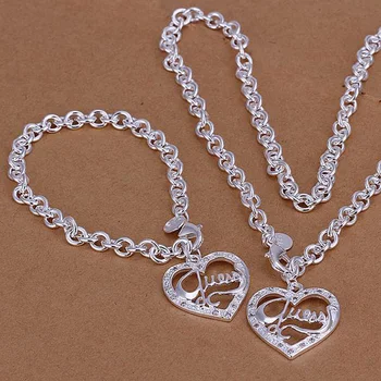 

Simple Fashion Silver Plated Heart Pendant Necklace and Bracelet Jewelry Sets for Women Girl Lady Men Party Wedding Love Gift