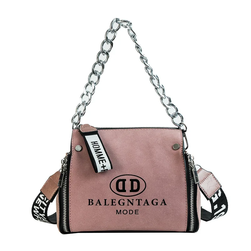 

Women handbag Barrel Shaped Fashion PU Leather Scrub Shoulder Bag Letter Wide Strap Chains Design Bucket Crossbody Messenger Bag